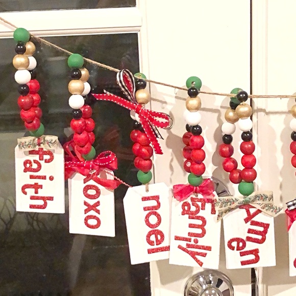 Christmas Door Plaque Sayings in Red Glitter With Wood Bead Hangers, Tier Decor - Picture 2 of 7